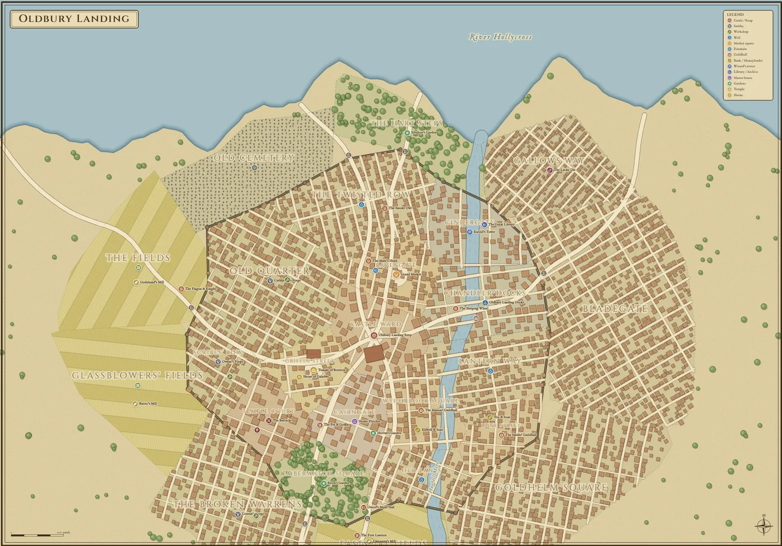 A city map of Oldbury Landing with walls, a river, named districts, streets, fields and hundreds of buildings.