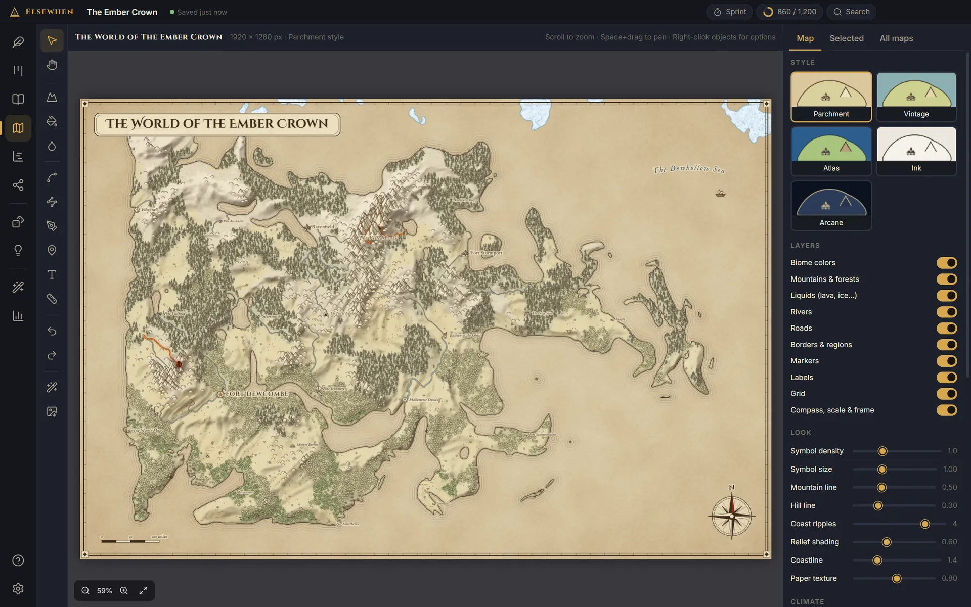 The map maker showing a generated parchment-style world map with forests, mountains, rivers, towns and a compass rose.